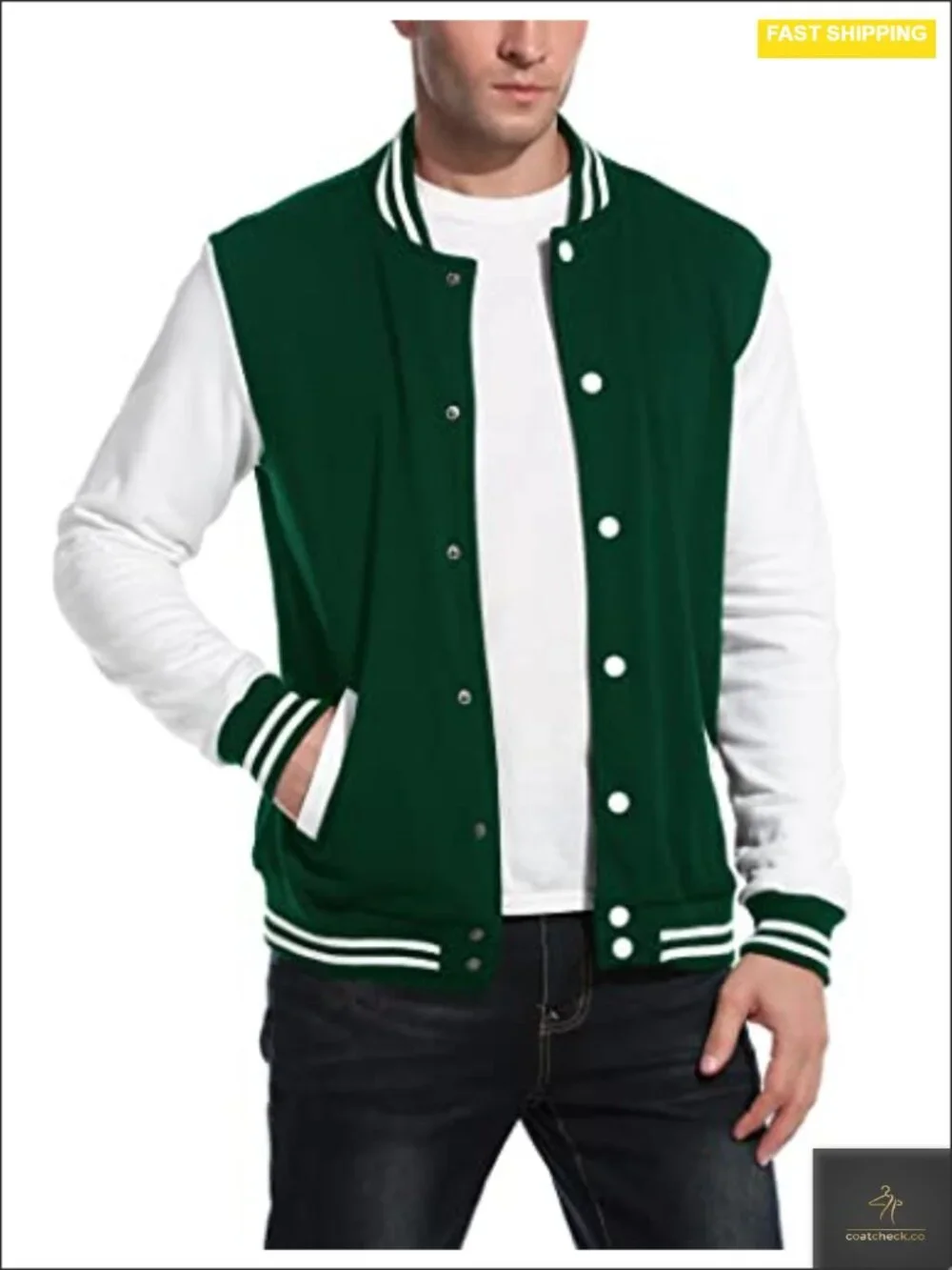 Slim Fit Cotton Varsity Jacket with Snap Closure